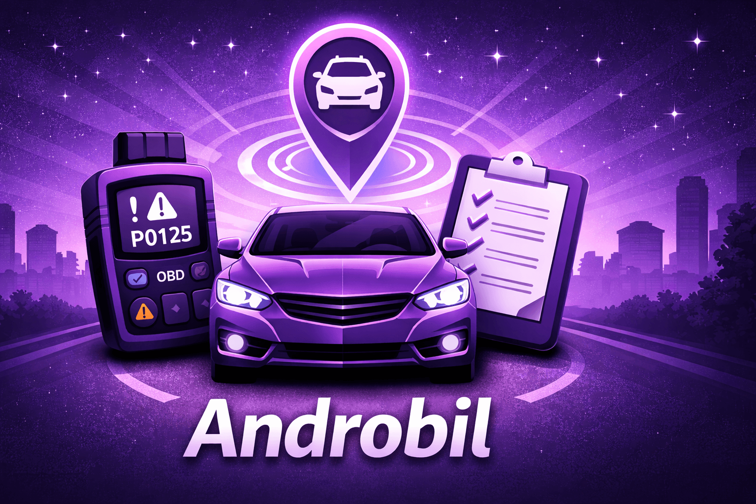 Androbil app preview with futuristic city skyline